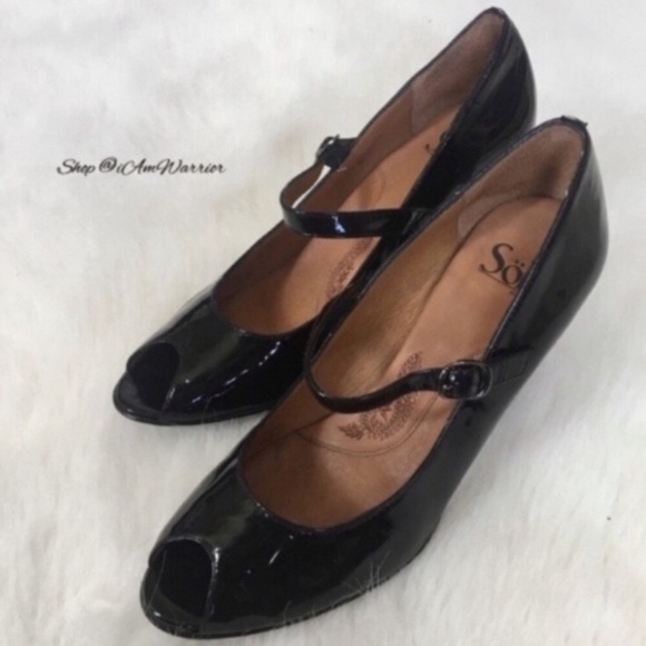 Sofft black patent leather adjustable strap peeptoe heels *shop@iamwarrior - Picture 4 of 13